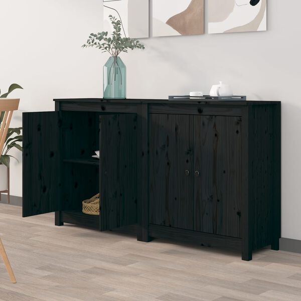 vidaXL Sideboard Set of 2 Black Solid pine wood Medium Sideboard