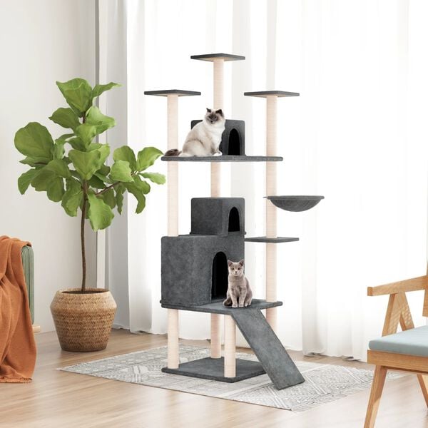 vidaXL Cat Tree Dark Grey Engineered wood, plush, sisal Height of 69 in.