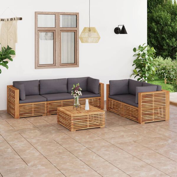 vidaXL 6 Piece Patio Lounge Set with Dark Gray Cushion Solid Teak Wood