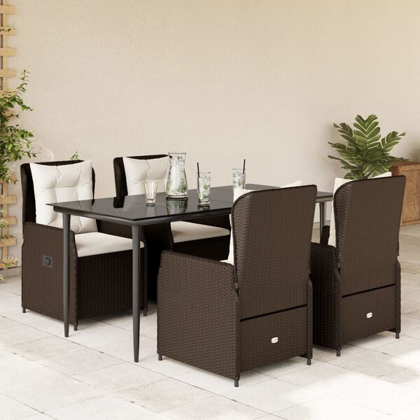 vidaXL 5 Piece Patio Dining Set with Cushions Brown Poly Rattan