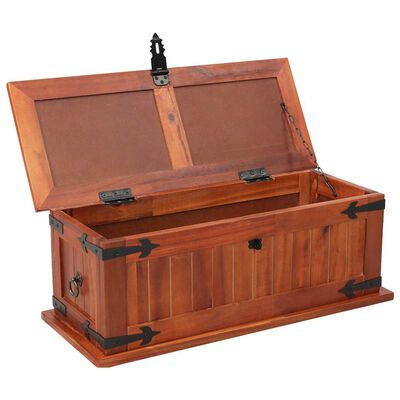Open wooden chest showing interior, lid raised, chain on side