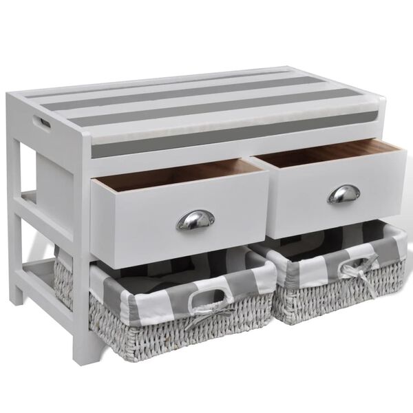 vidaXL White Storage & Entryway Bench with Cushion Top 2 Drawer 2 Basket