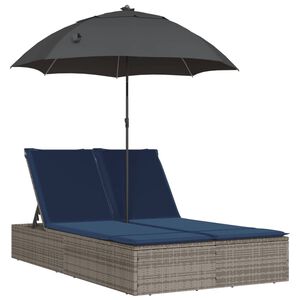 vidaXL Double Sun Lounger with Cushions&Parasol Gray Poly Rattan