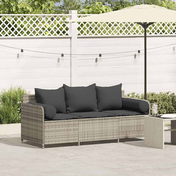 vidaXL Patio Sofa with Cushions 3-Seater Light Grey Poly Rattan