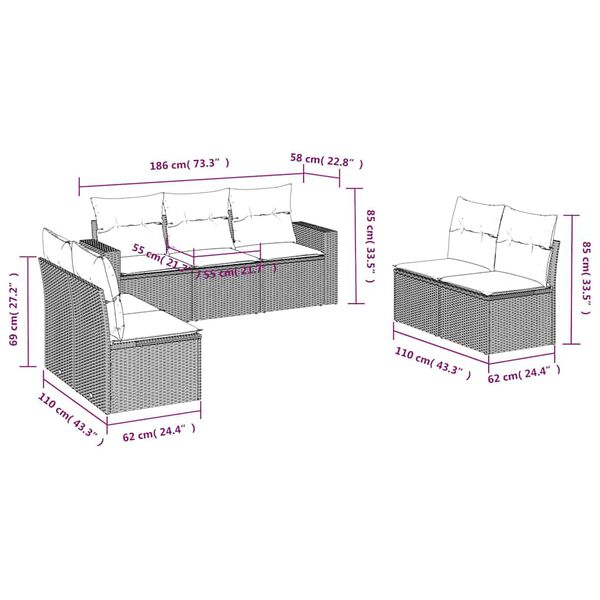 vidaXL 7 Piece Patio Sofa Set with Cushions Gray Poly Rattan
