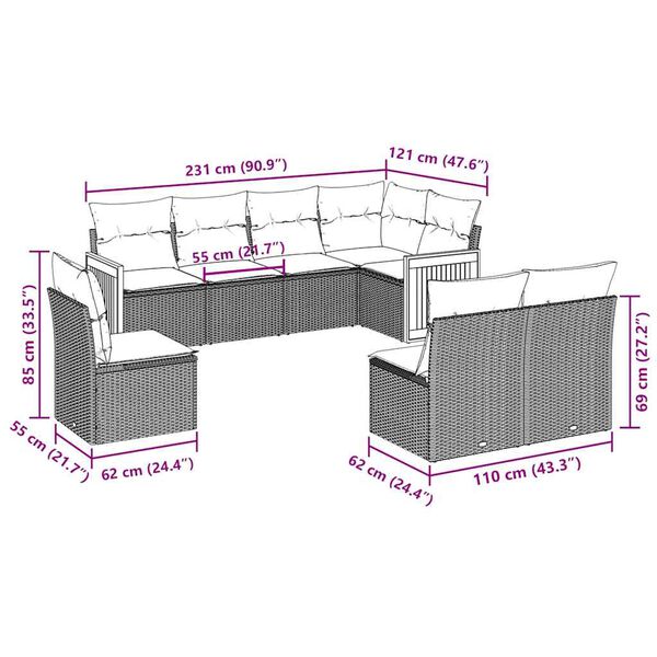 vidaXL Garden Sofa Set Black PE rattan 8 Piece Adjustable Feet
