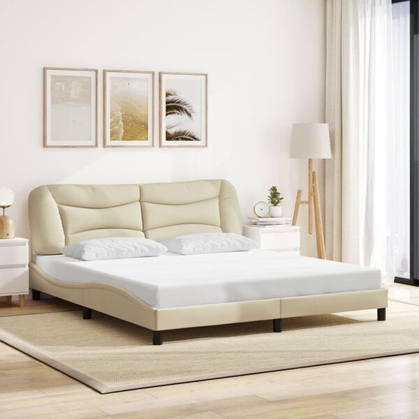 vidaXL Bed Frame Cream Polyester, Metal, Solid Pine Wood, Plywood King