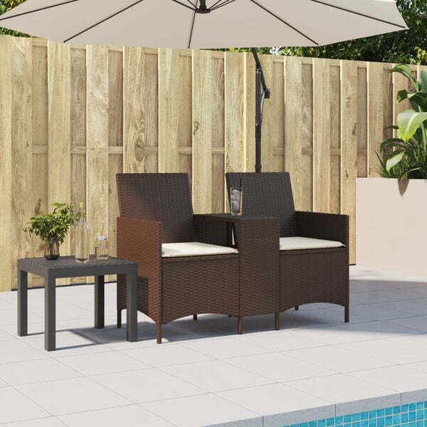 vidaXL Patio Sofa 2-Seater with Table and Cushions Brown Poly Rattan