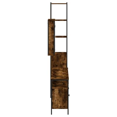 Tall vertical cabinet with open shelves and closed cabinet at bottom, in a rustic wood finish with metal framing.