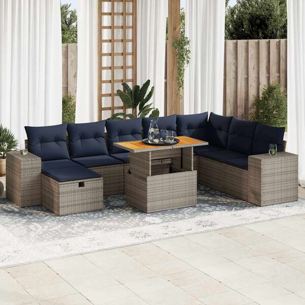 vidaXL 9 Piece Patio Sofa Set with Cushions Gray Poly Rattan Acacia