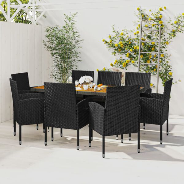 vidaXL Outdoor Dining Set Black PE rattan, steel, solid acacia wood, foam