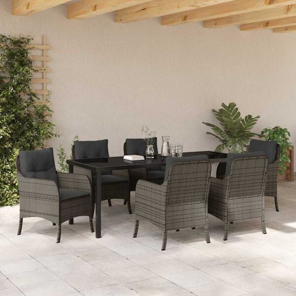 vidaXL Garden Dining Set with Cushion 7 pcs Grey Poly Rattan