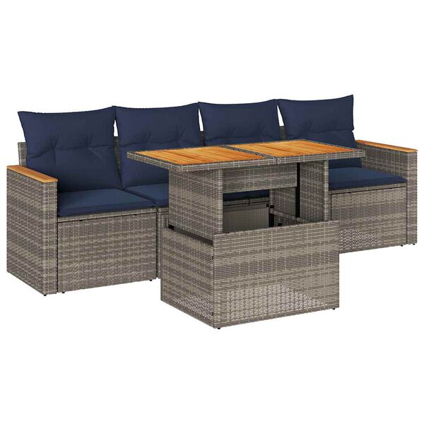 vidaXL 5 Piece Patio Sofa Set with Cushions Gray Poly Rattan