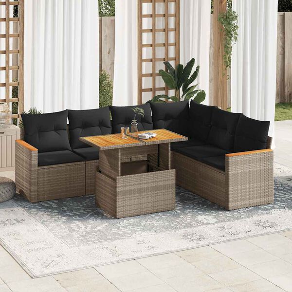 vidaXL 7 Piece Patio Sofa Set with Cushions Gray Poly Rattan Acacia