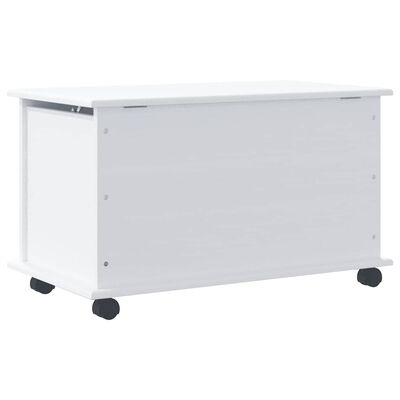 White storage console with drawer partially open and caster wheels