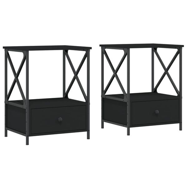 vidaXL Bedside Table Set of 2 Black Engineered wood, iron Bedside Table