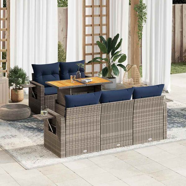 vidaXL 6 Piece Patio Sofa Set with Cushions Gray Poly Rattan