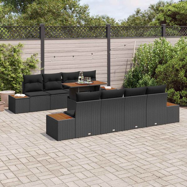 vidaXL Garden Sofa Set with Storage 9 pcs Black Poly rattan