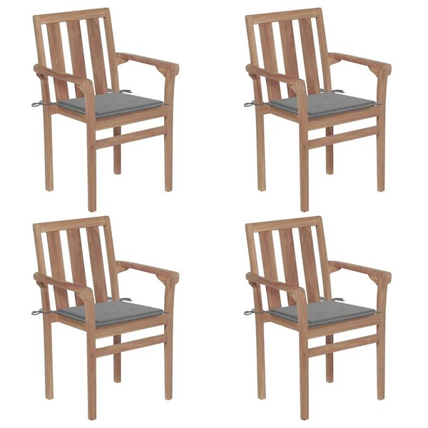 vidaXL Stackable Chair Set of 4 Grey Solid teak wood Stackable