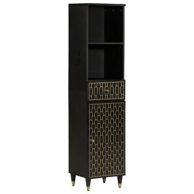 Tall black cabinet with open shelves and gold patterned lower cabinet door and drawer.