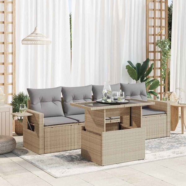 vidaXL Patio Sofa Set Beige PE Rattan Medium Adjustable Armrests