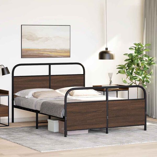vidaXL Bed Frame Brown Oak Steel, Engineered Wood Full Bed Frame