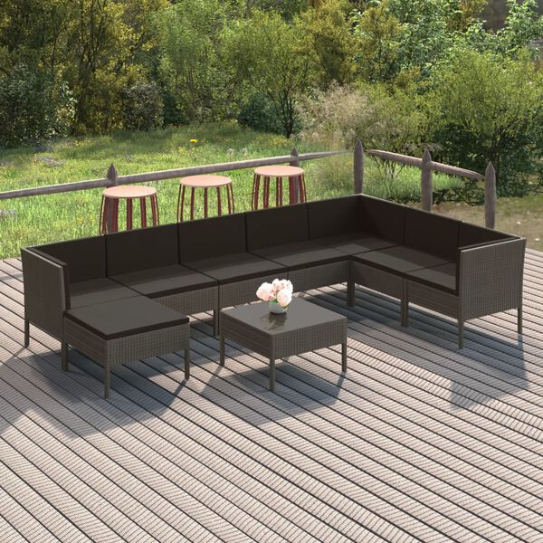 vidaXL Garden Lounge Set Grey PE rattan, powder-coated steel, polyester