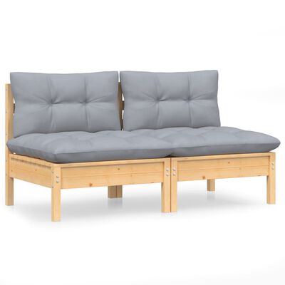 vidaXL 2-Seater Patio Sofa with Gray Cushions Solid Pinewood