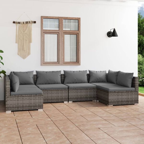 vidaXL 6 Piece Patio Lounge Set with Cushions Poly Rattan Gray