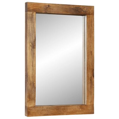 Wood-framed rectangular mirror with rustic finish.