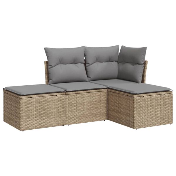 vidaXL 4 Piece Patio Sofa Set with Cushions Beige Poly Rattan