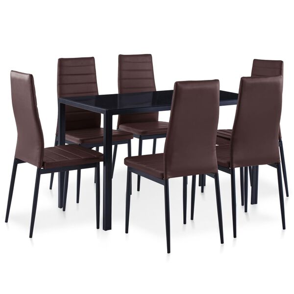 vidaXL Kitchen Dining Set Brown Tempered glass, Iron, Faux leather, Wood