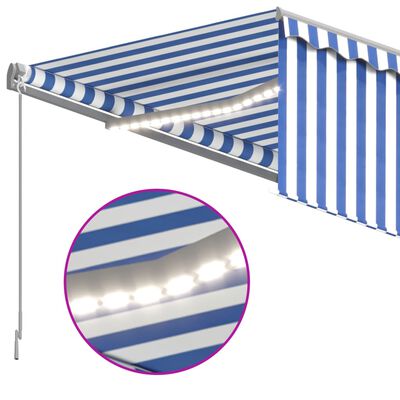 vidaXL Manual Retractable Awning with Blind&LED 13.1'x9.8' Blue&White