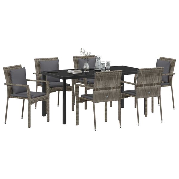 vidaXL Garden Dining Set with Cushion 7 pcs Grey Poly Rattan