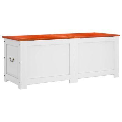 Two white storage benches with orange tops placed side by side.