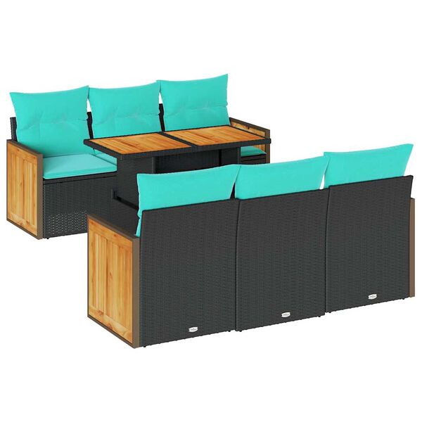 vidaXL 7 Piece Patio Sofa Set with Cushions Black Poly Rattan Acacia