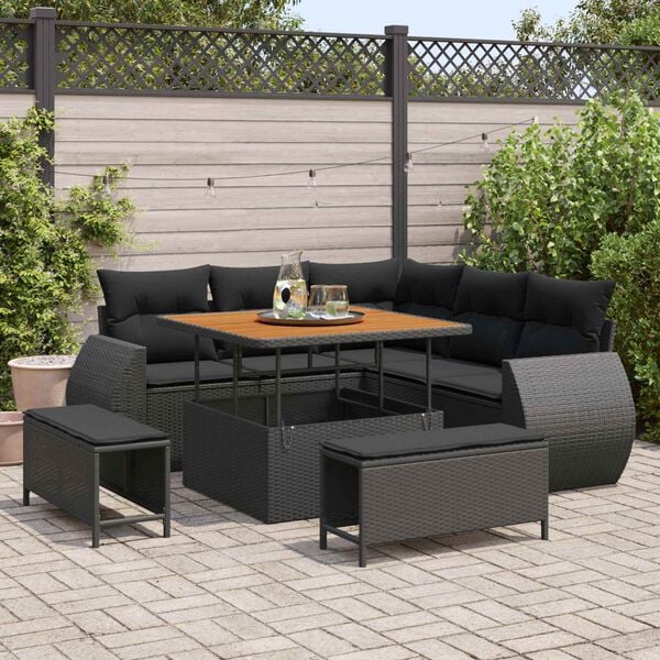 vidaXL Garden Sofa Set with Cushion 8 pcs Black Poly Rattan