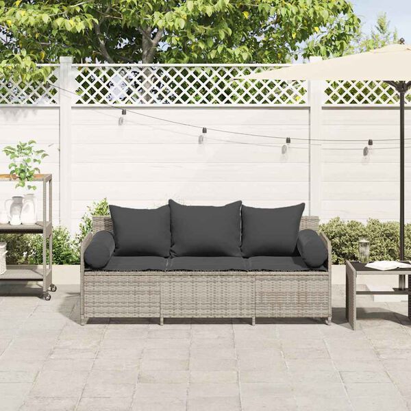 vidaXL Patio Sofa with Cushions 3-Seater Light Grey Poly Rattan