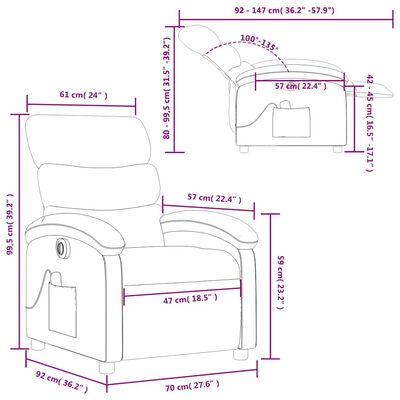 Technical schematic/dimensions of the recliner with measurements