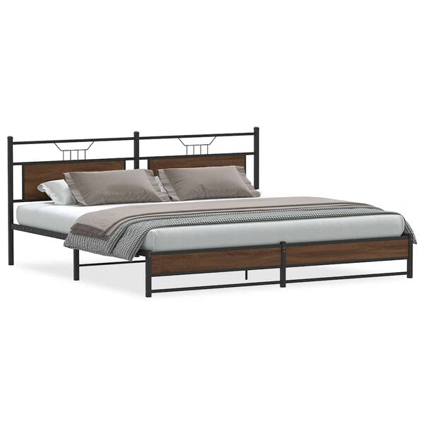 vidaXL Bed Frame Brown Oak Steel, Engineered Wood 76 x 80 in Bed Frame