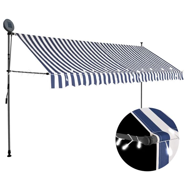 vidaXL Retractable Awning Blue and white Polyester with PU coating, Steel