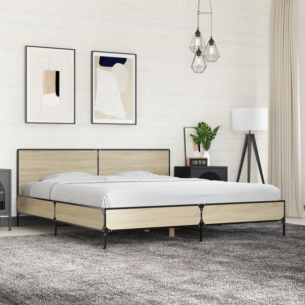 vidaXL Bed Frame Sonoma Oak Engineered wood, metal, plywood Super King
