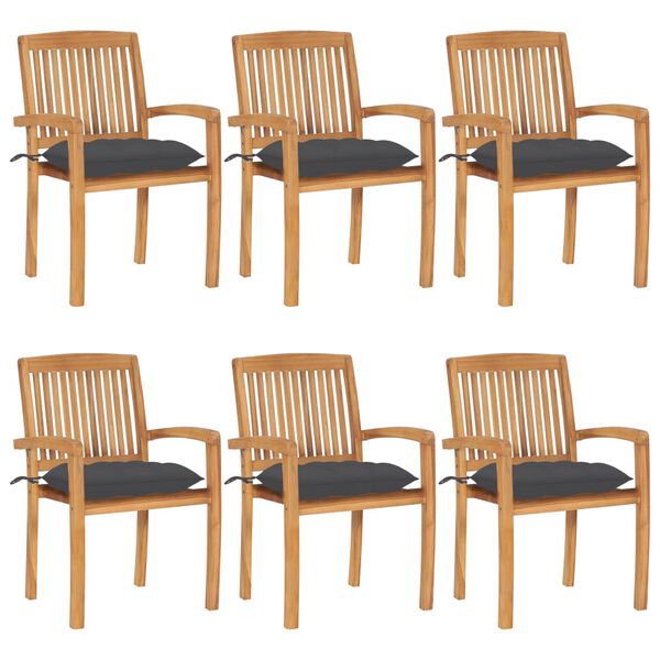 vidaXL Garden Chair Set of 6 Gray Teak wood, Polyester Standard