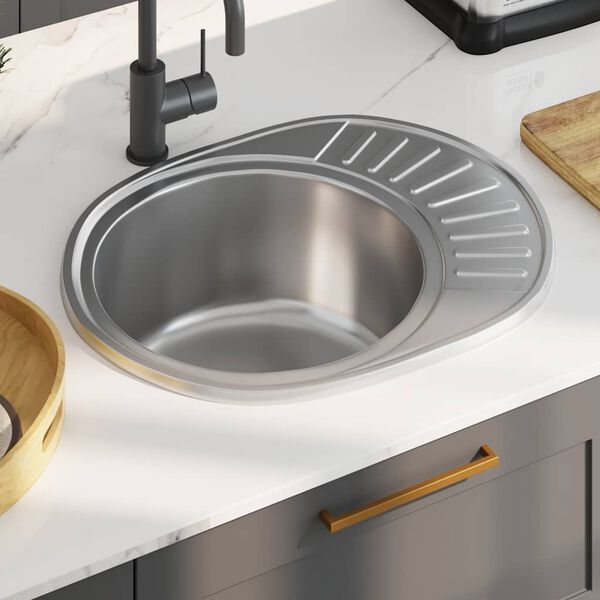 vidaXL Kitchen Sink with Strainer Oval Stainless Steel