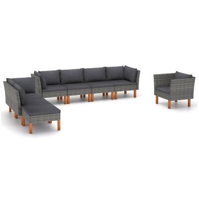 vidaXL 8 Piece Patio Lounge Set Poly Rattan and Eucalyptus Wood Gray