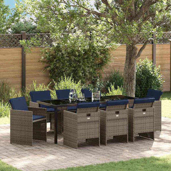 vidaXL Garden Dining Set with Cushion 9 pcs Grey Poly Rattan