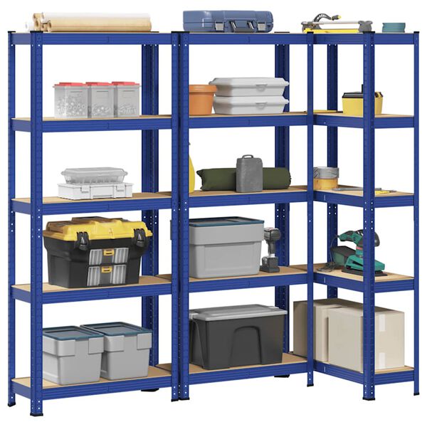 vidaXL 5-Layer Storage Shelves 3 pcs Blue Steel&Engineered Wood
