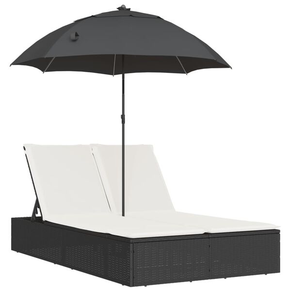 vidaXL Double Sun Lounger with Cushions&Parasol Black Poly Rattan