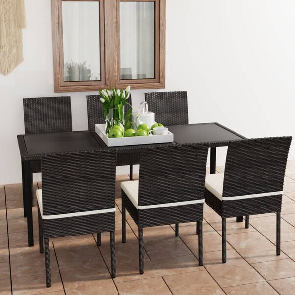 vidaXL Dining Set Black Poly rattan, powder-coated steel, glass Medium