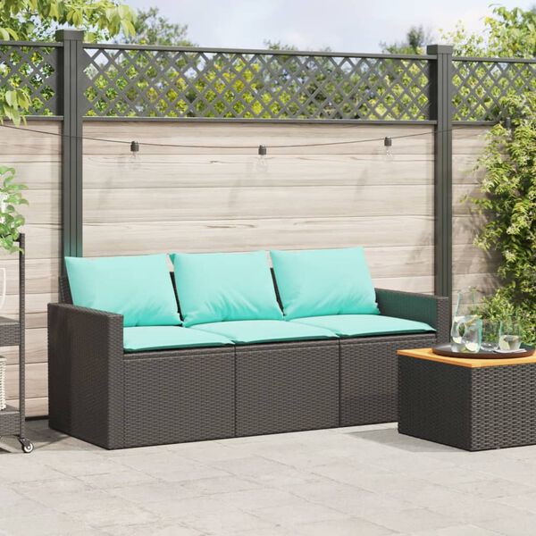 vidaXL Garden Sofa Black with blue cushions PE rattan Medium